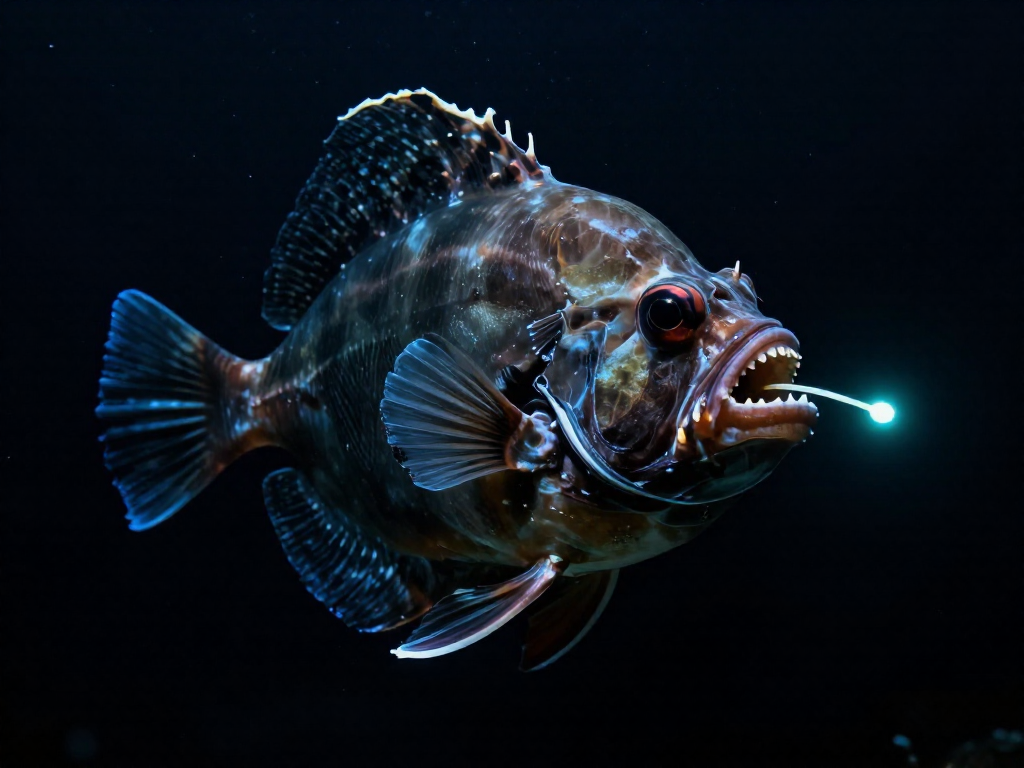 A deep-sea anglerfish with a glowing blue-green lure dangling in front of its toothy mouth in dark ocean water