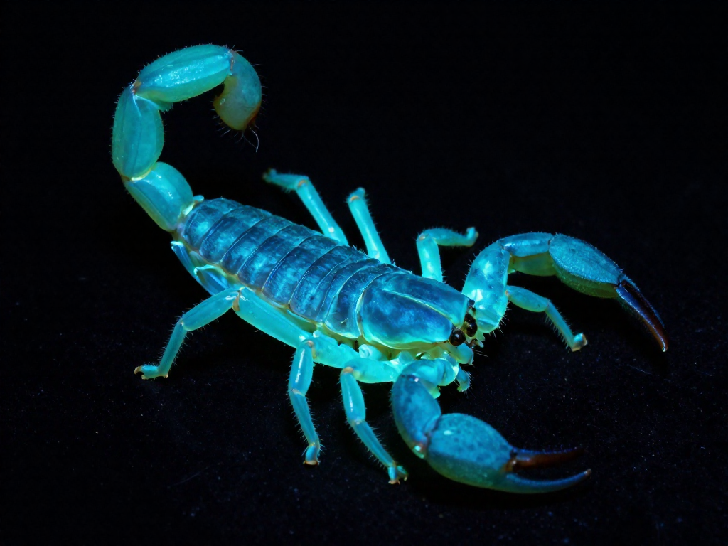 A scorpion glowing bright blue-green under ultraviolet light against a black background