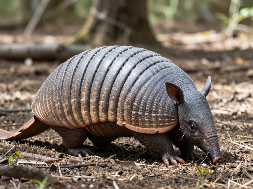 An armadillo curled into a tight protective ball on a sunlit forest floor, showing its interlocking bony armor plates