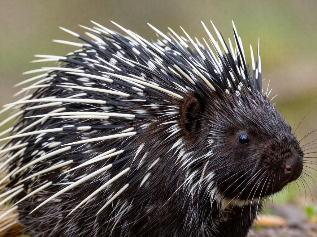 Extreme close-up of porcupine quills showing their sharp barbed tips and black-and-white banding