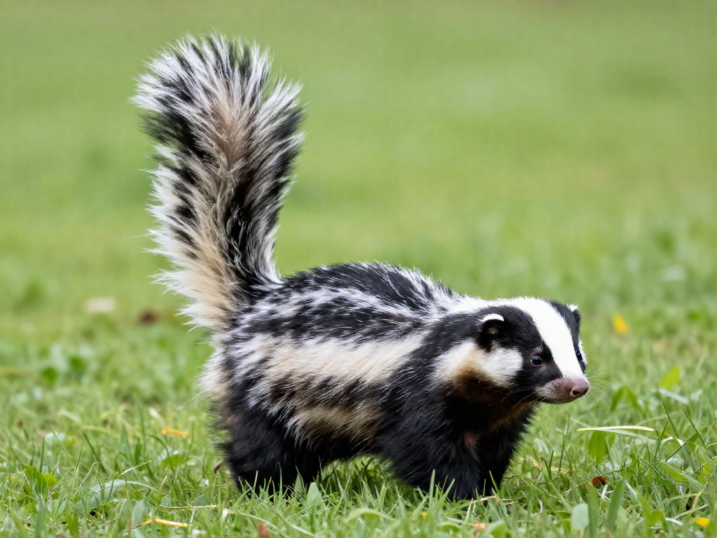 A striped skunk raising its bushy black-and-white tail in a defensive warning posture on a grassy meadow