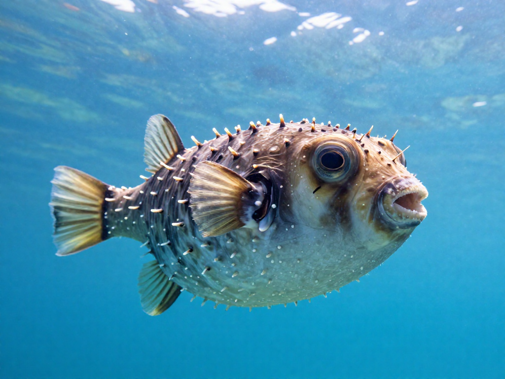 A fully inflated pufferfish with spines extended, floating in clear blue sunlit ocean water