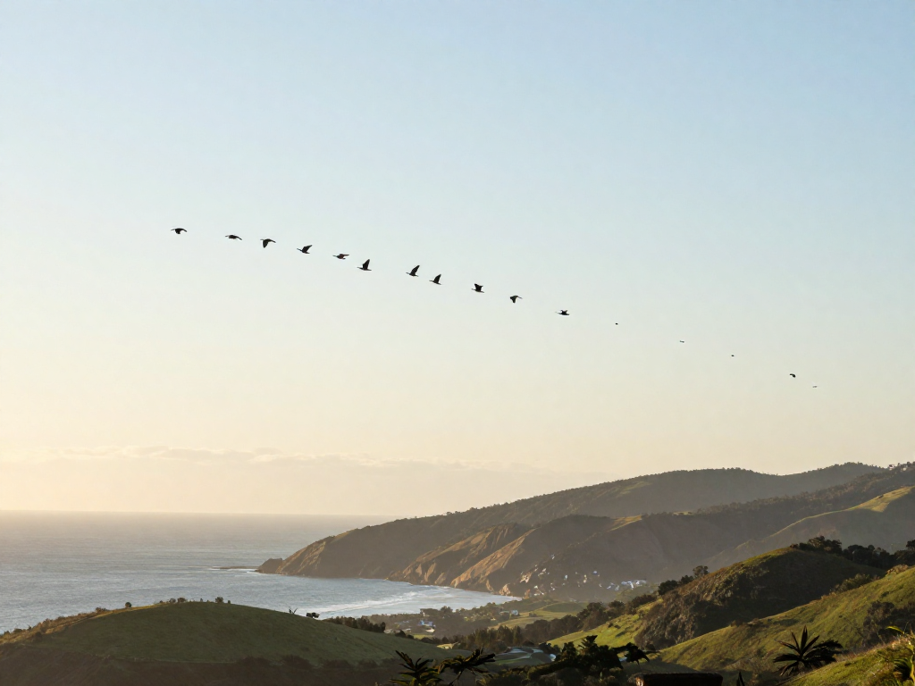A flock of migrating birds flying in formation across a golden sunset sky above coastline and hills