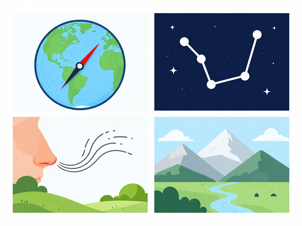 Infographic showing four ways animals navigate: magnetic sense, stars, scent, and landmarks