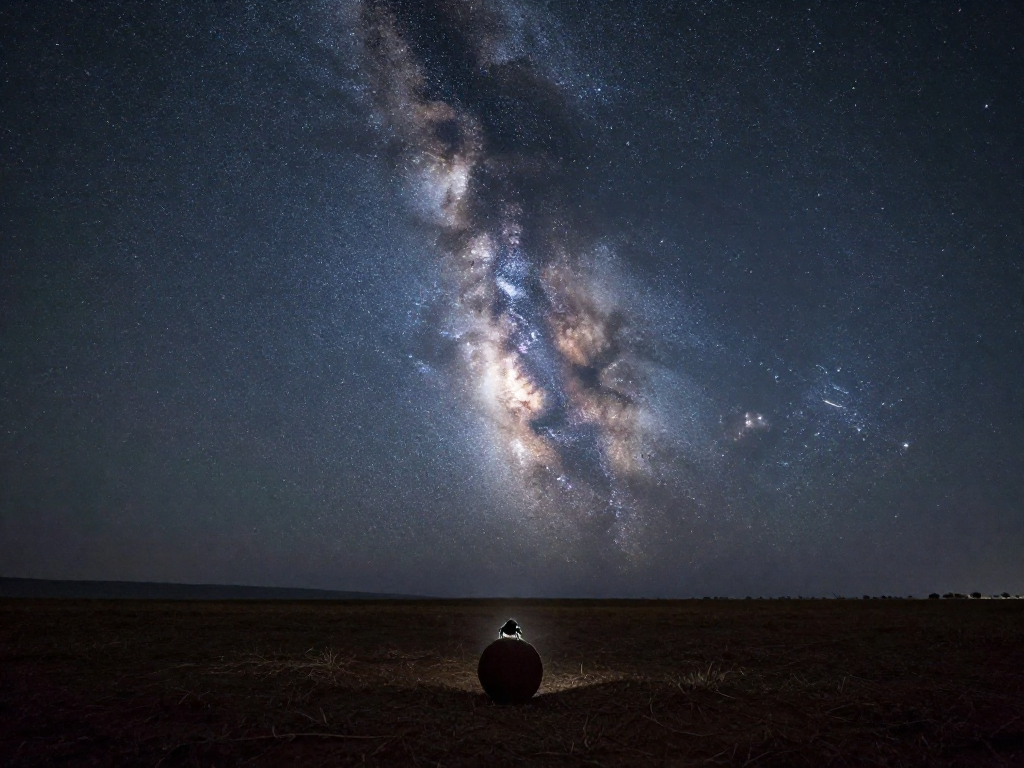 The Milky Way arching over a dark savanna with a dung beetle in the foreground
