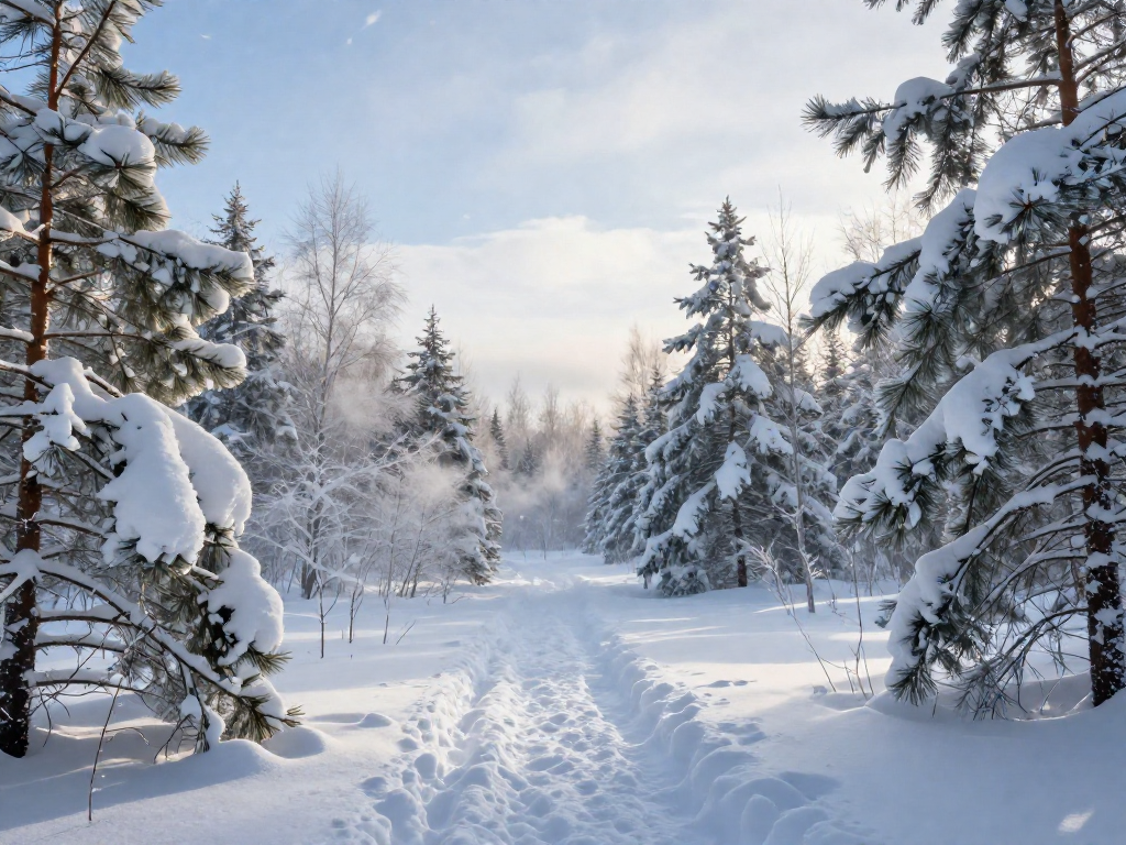 Sunlit snowy northern forest with frosted pine branches and light snowfall, evoking animal winter survival