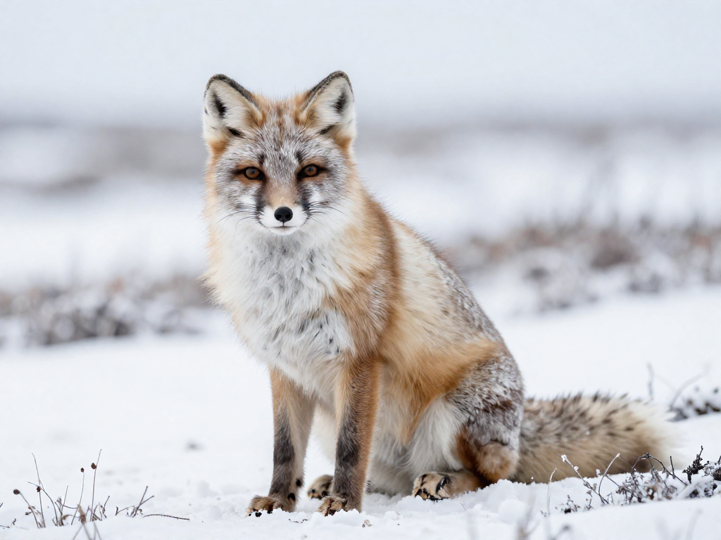 Arctic fox with fur changing from brown to white on a snowy tundra