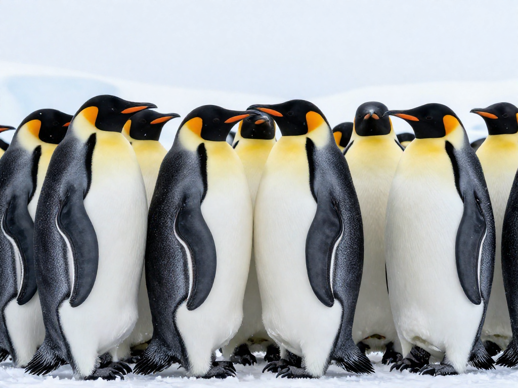 Group of emperor penguins huddling closely together in blowing snow for warmth