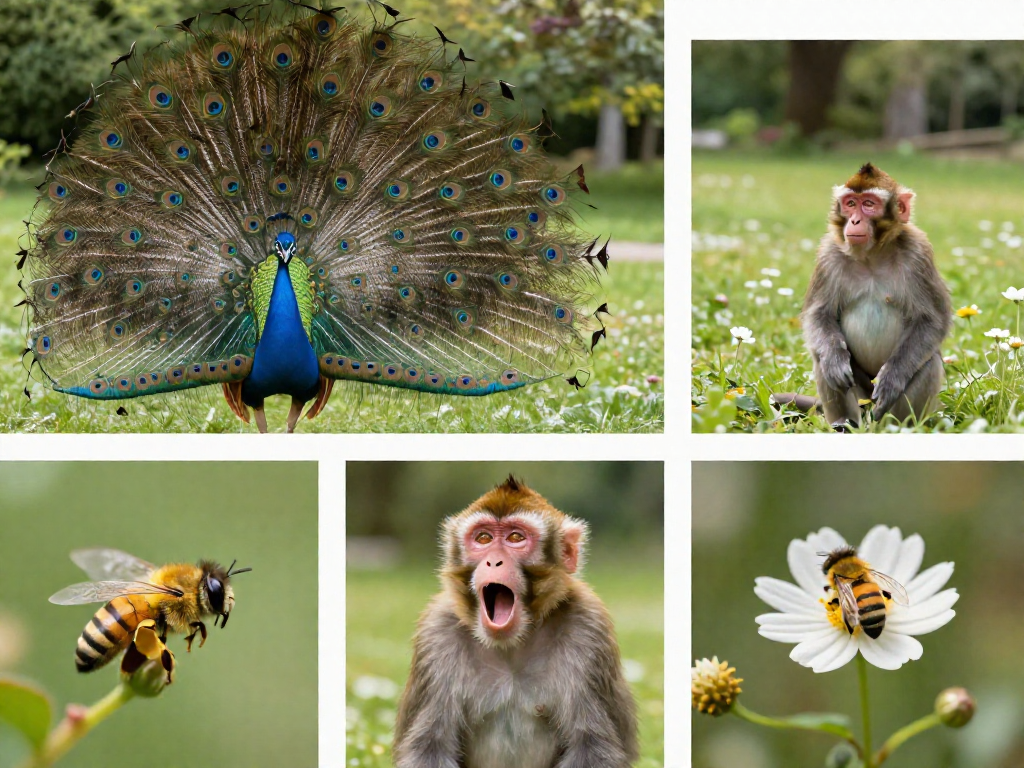 A peacock, a calling monkey, and a honeybee shown together in a sunlit natural scene illustrating animal communication