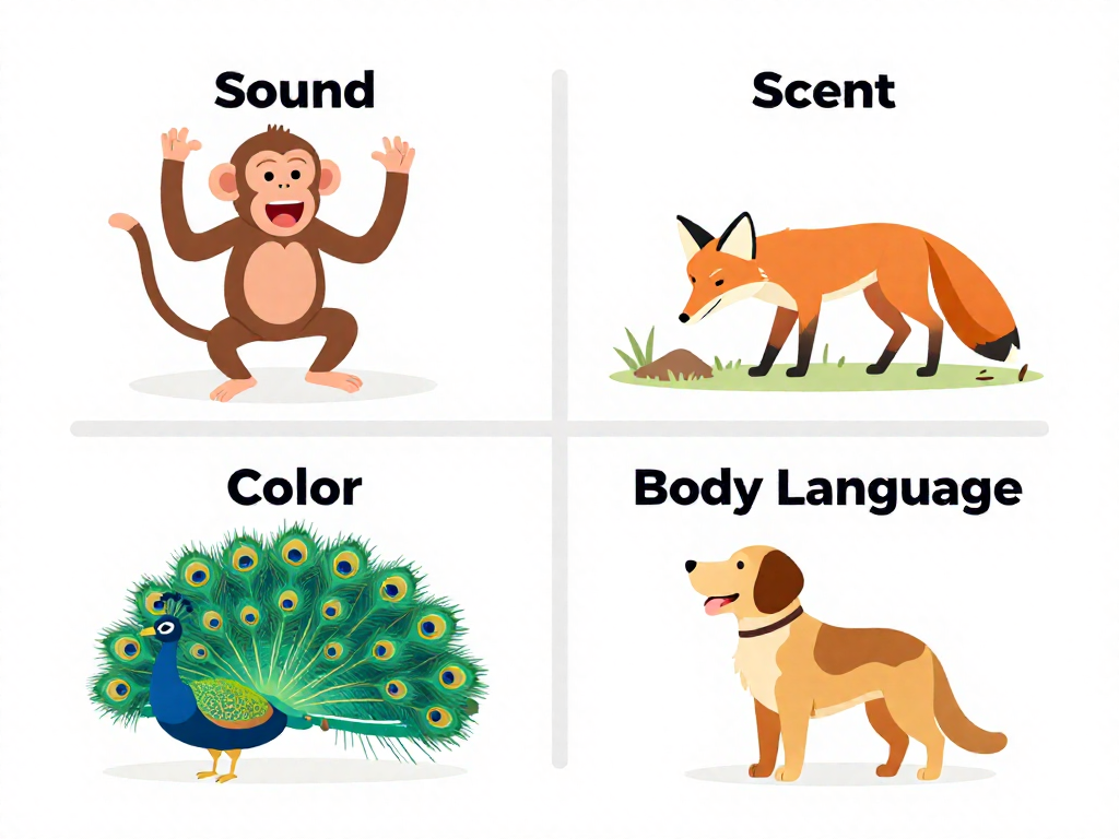Infographic showing the four channels of animal communication: sound, scent, color, and body language