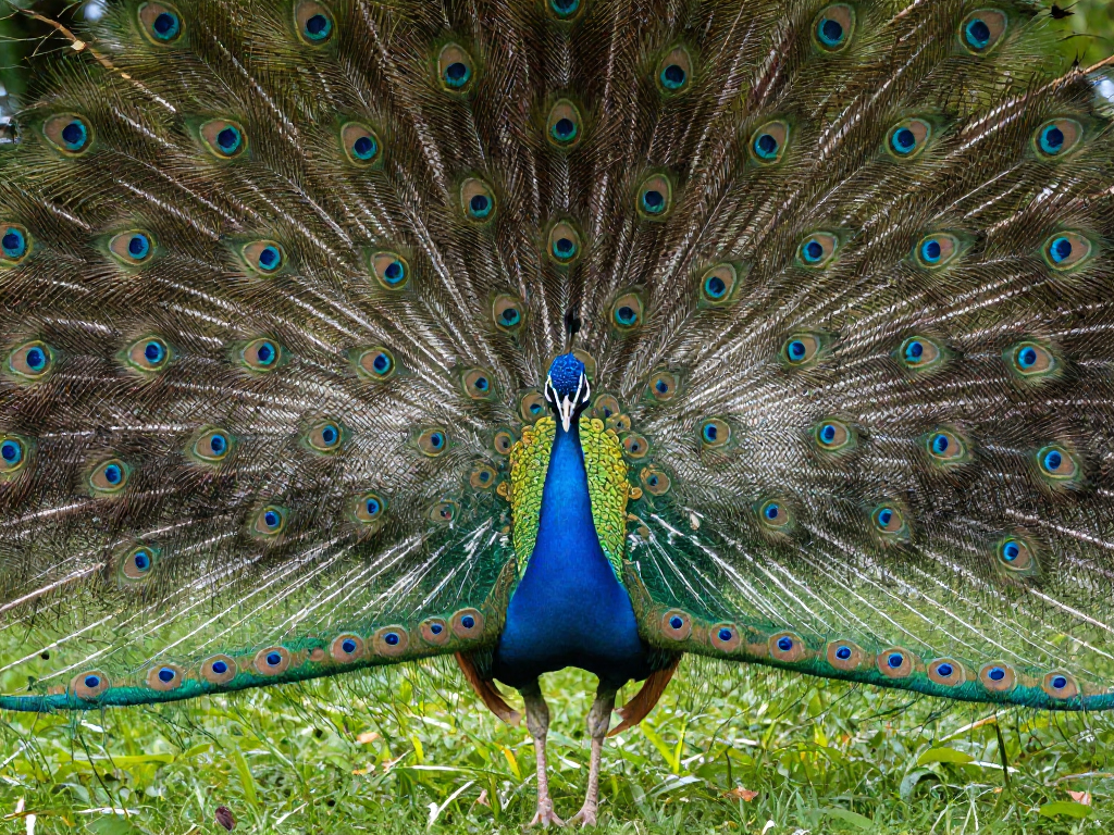 A male peacock displaying its fanned iridescent tail feathers as a visual communication signal