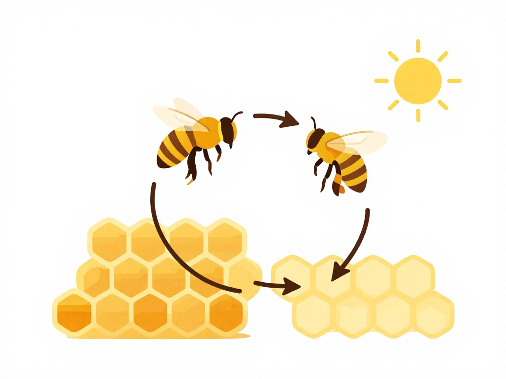 Diagram showing a honeybee's figure-eight waggle dance on honeycomb indicating direction to food