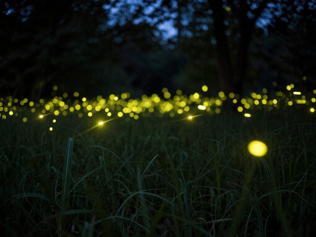 Fireflies flashing glowing patterns of light in a dark meadow at night to communicate