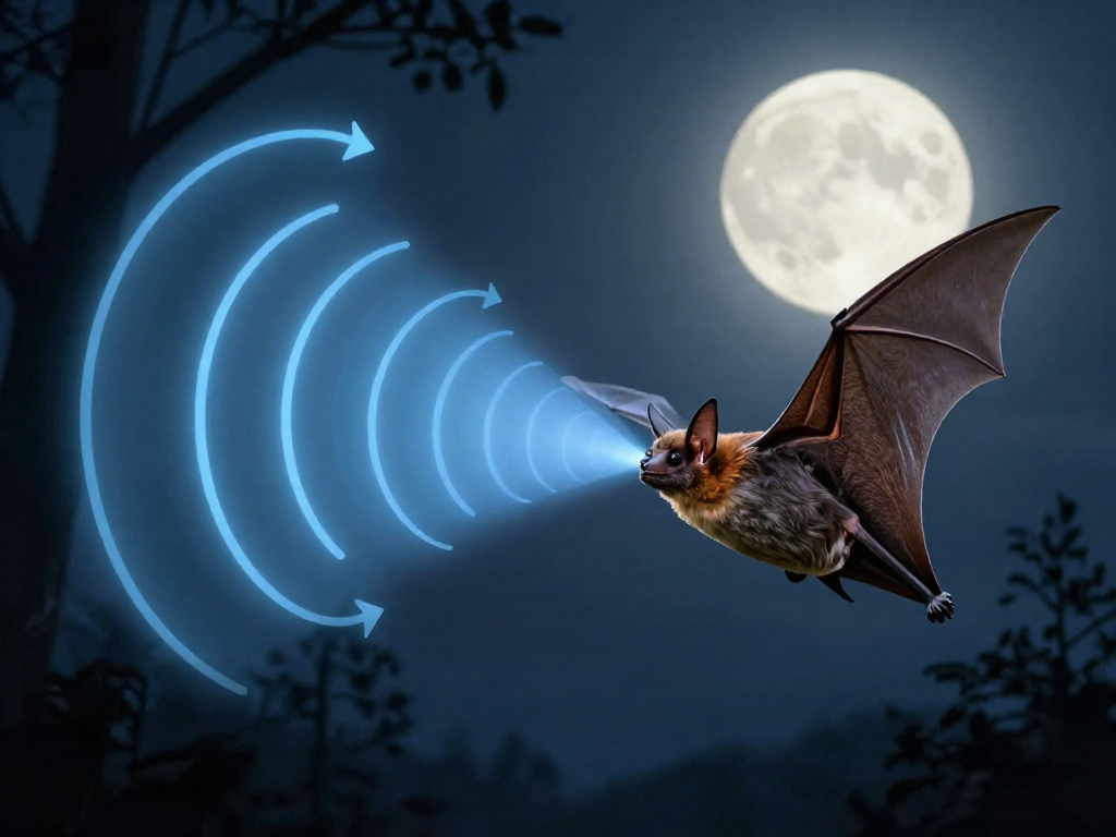 Illustration of a bat emitting sound waves that echo off a moth to show echolocation