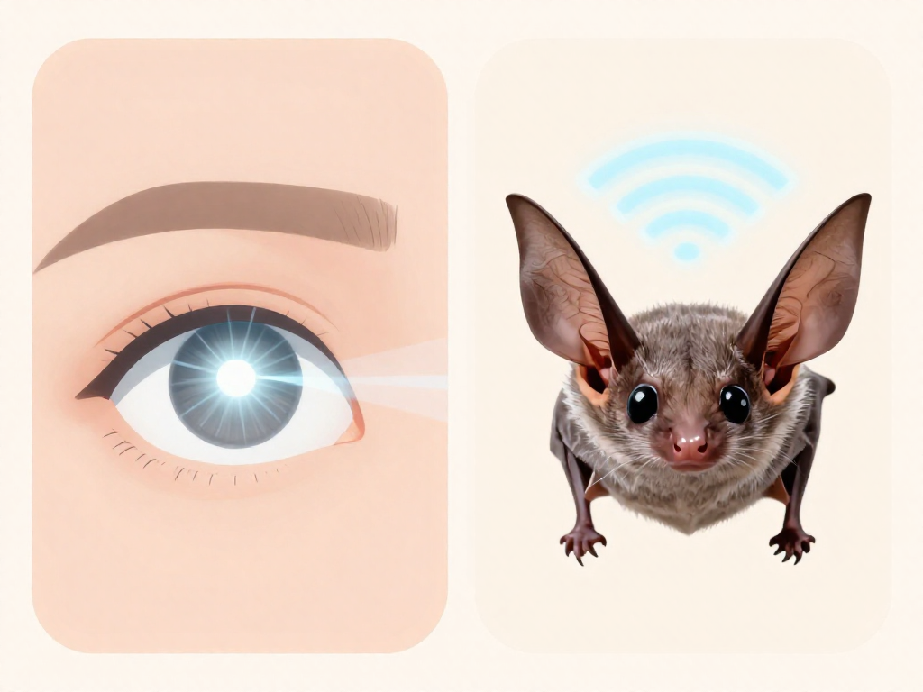 Side-by-side diagram comparing how humans see with light and how bats sense with echoes