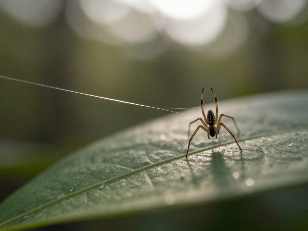 Close-up of a spider spinning a fine silk thread from its spinnerets on a green leaf.