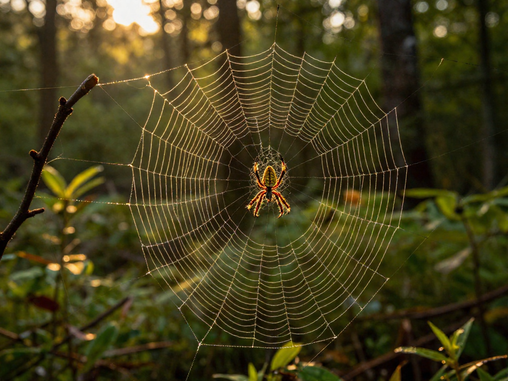 A large golden spider web glistening in warm sunlight, stretched between tree branches with the spider at the center.