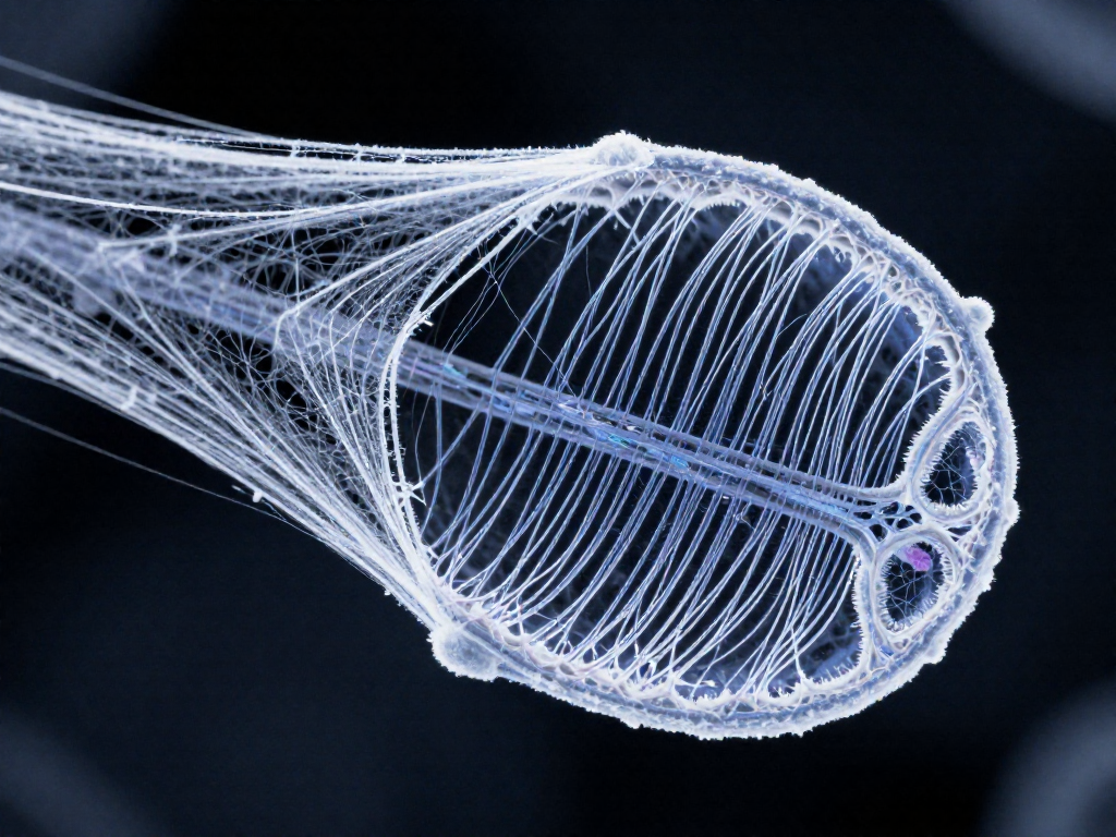Microscopic view of a spider silk strand showing its intricate fibrous nanostructure.