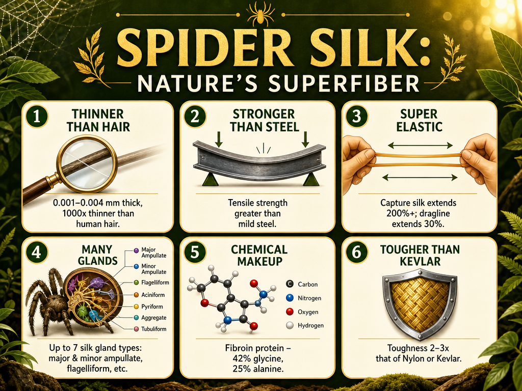 Infographic summarizing key facts about spider silk: thickness 0.001–0.004 mm and 1000x thinner than hair; stronger than mild steel; capture silk elasticity >200%, dragline ~30%; up to 7 silk gland types; fibroin protein composition 42% glycine and 25% alanine; toughness 2–3 times that of Nylon or Kevlar.