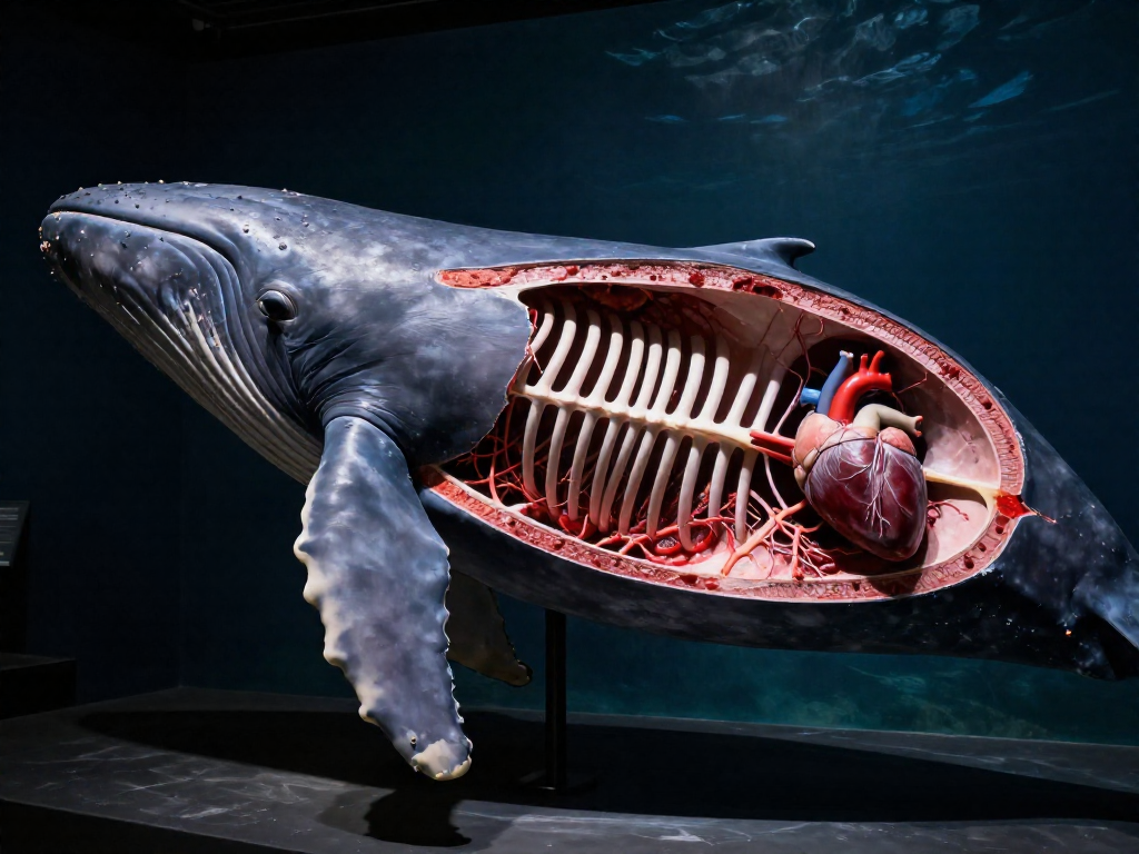 Museum display of a sperm whale anatomical model with cutaway showing lungs and heart.