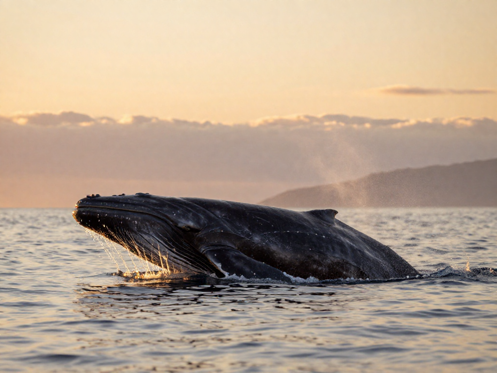 Cuvier's beaked whale surfacing in the ocean during sunset.