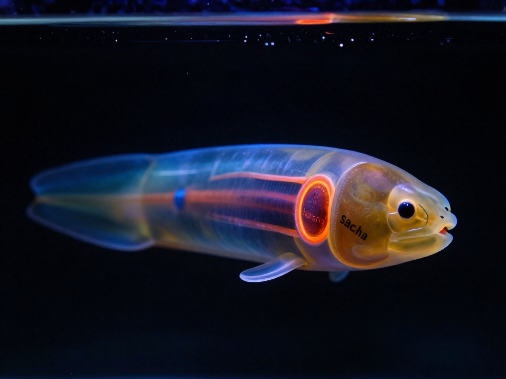 A translucent model of an electric eel showing three distinct electric organs glowing in blue, orange, and gold inside its body.