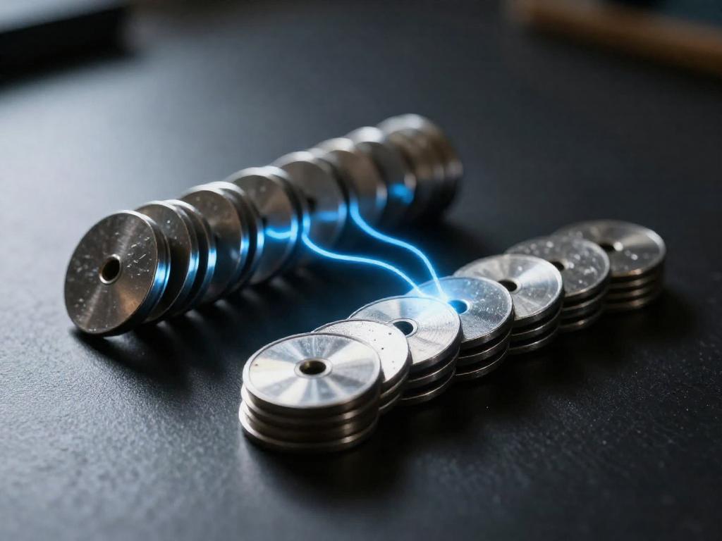 Metal disks arranged in series and parallel stacks with glowing blue electric arcs connecting them, illustrating electrocyte stacking.