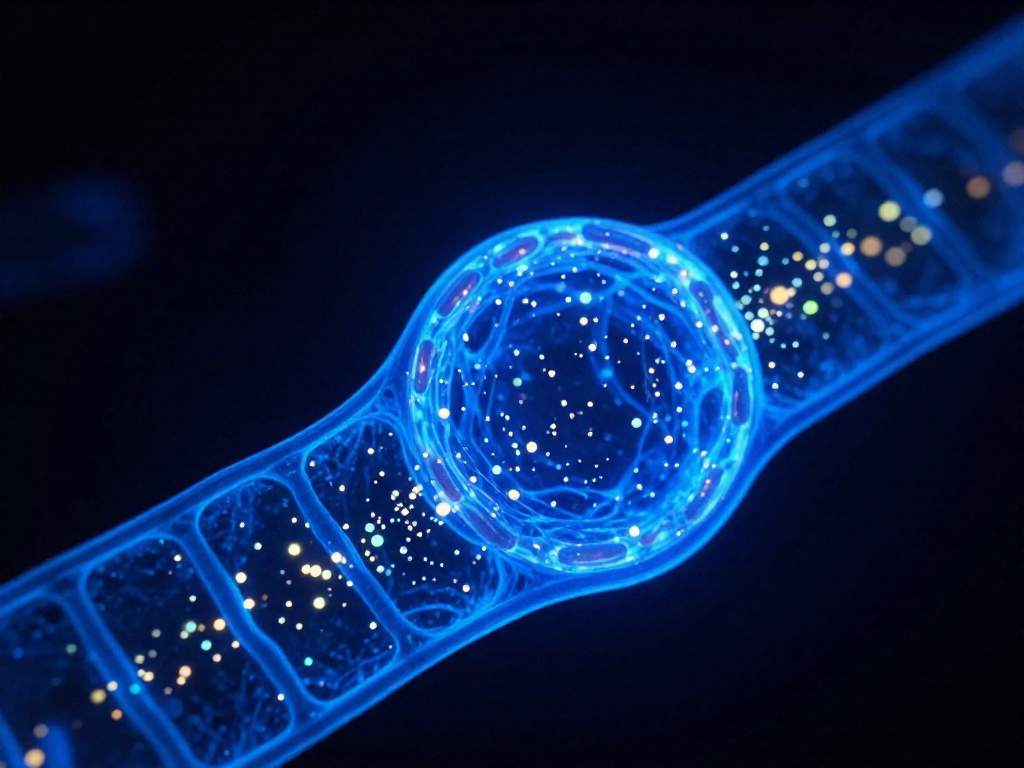 Glowing fluorescent particles move through a cell membrane, depicting ion flow during an electric discharge.