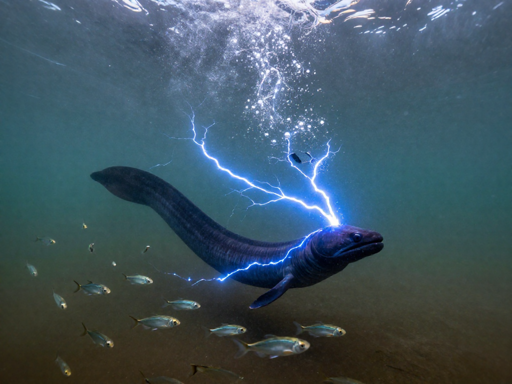 An electric eel generates underwater shockwaves to stun a school of fish in a murky river.