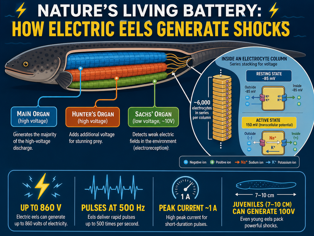 Infographic diagram of an electric eel's body showing the three electric organs (main, Hunter's, and Sachs') and a detailed inset of electrocyte stacking and ion flow. Includes key values: up to 860 volts from 6,000 electrocytes in series, peak current ~1 A, weak discharges ~10 V for communication and electrolocation.