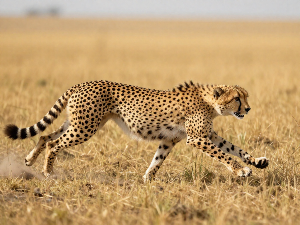 A cheetah at full sprint with its spine stretched and body fully extended across the savanna
