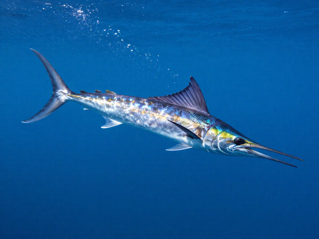 A streamlined sailfish speeding through clear blue ocean water with sunlight filtering down