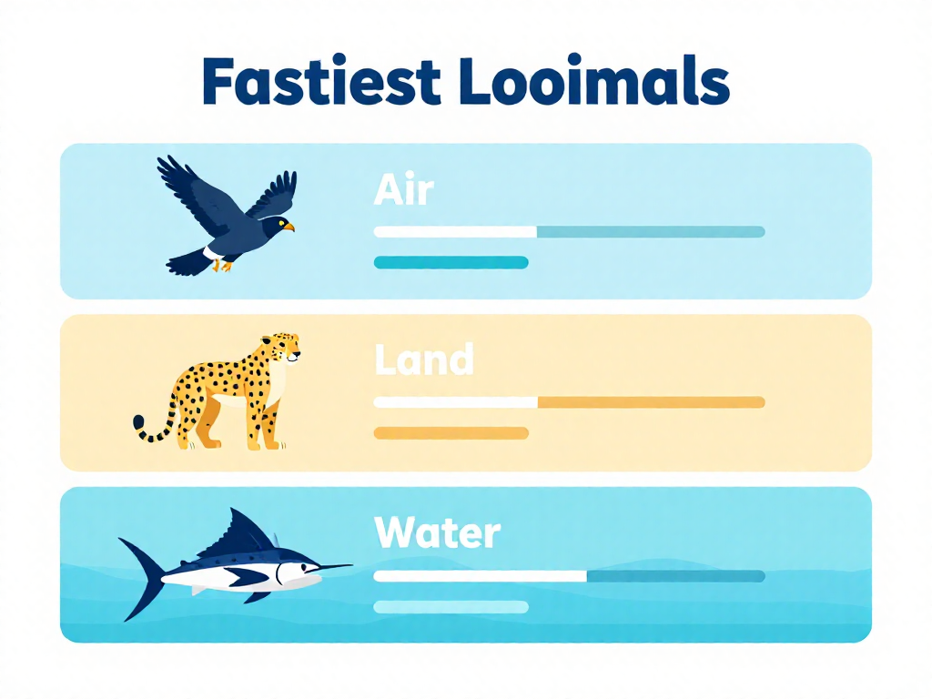 A vertical infographic ranking the fastest animals in air, land, and water with speed bars