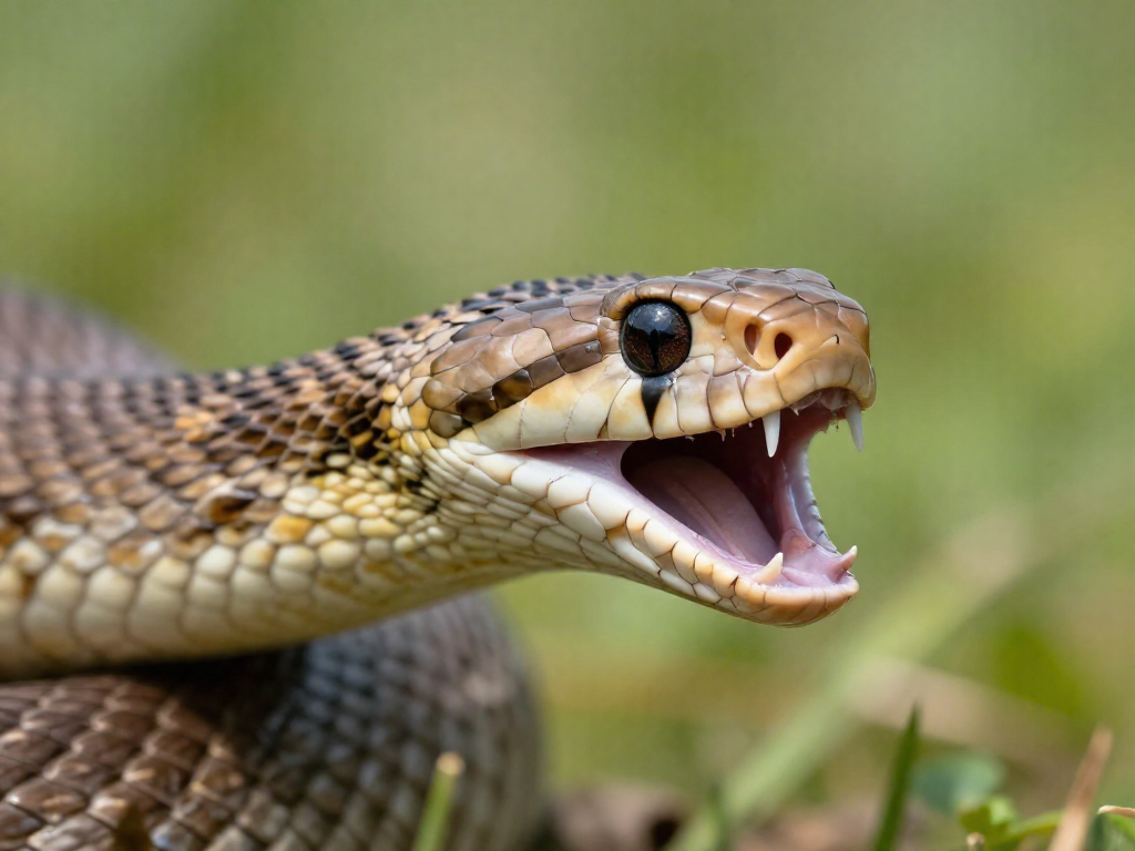 Close-up of a venomous snake with fangs visible against a natural green background