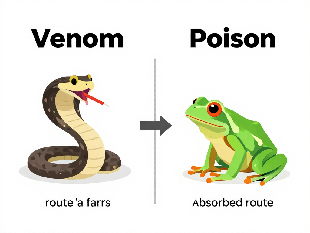 Infographic comparing venom that is injected versus poison that is absorbed, with animal examples