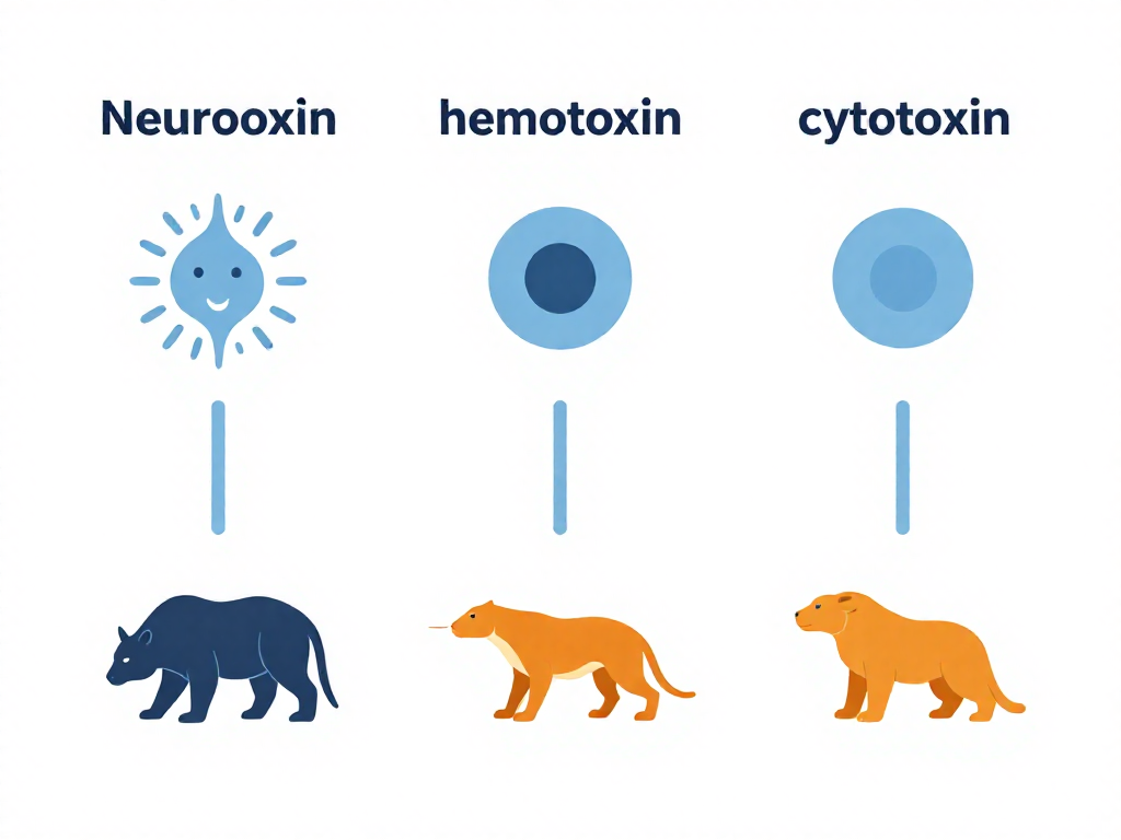 Chart of the three venom types—neurotoxin, hemotoxin, cytotoxin—with their effects and example animals