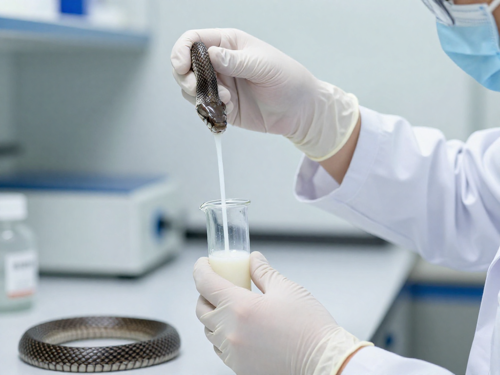 Venom being milked from a snake into a glass vial for antivenom production