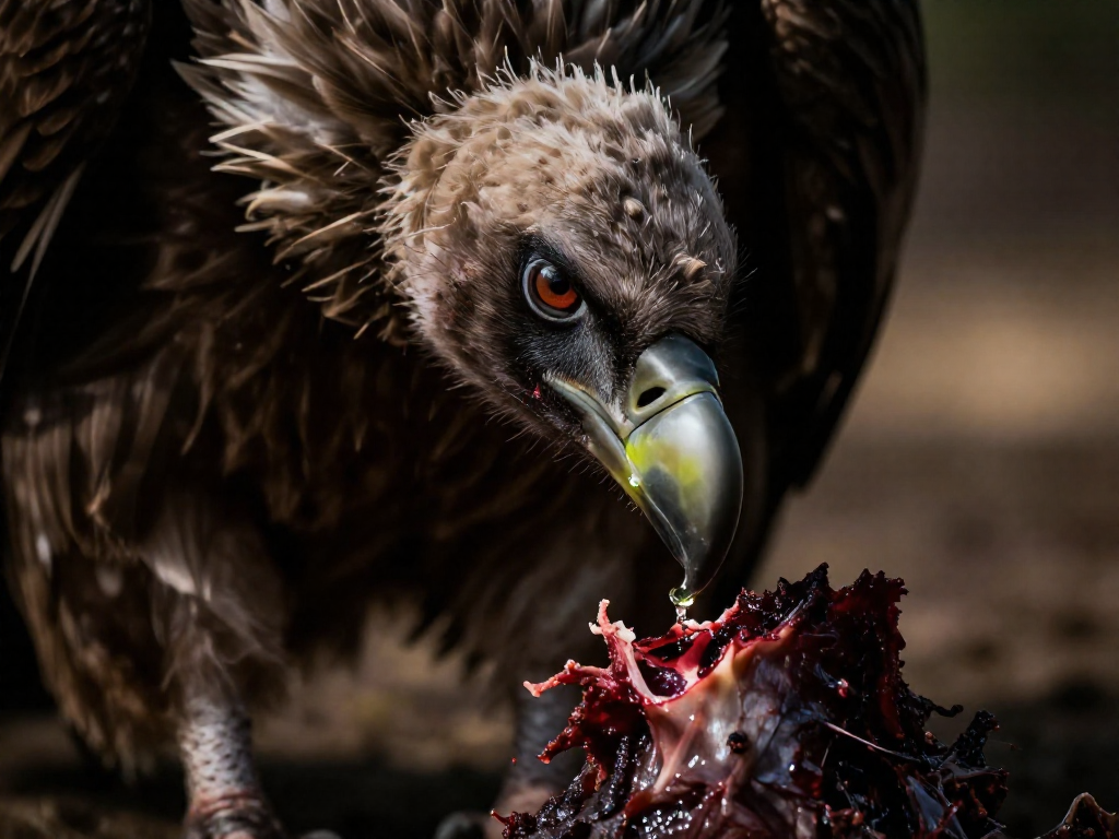 Close-up of a vulture's beak tearing into animal remains, evoking the power of its digestive system.