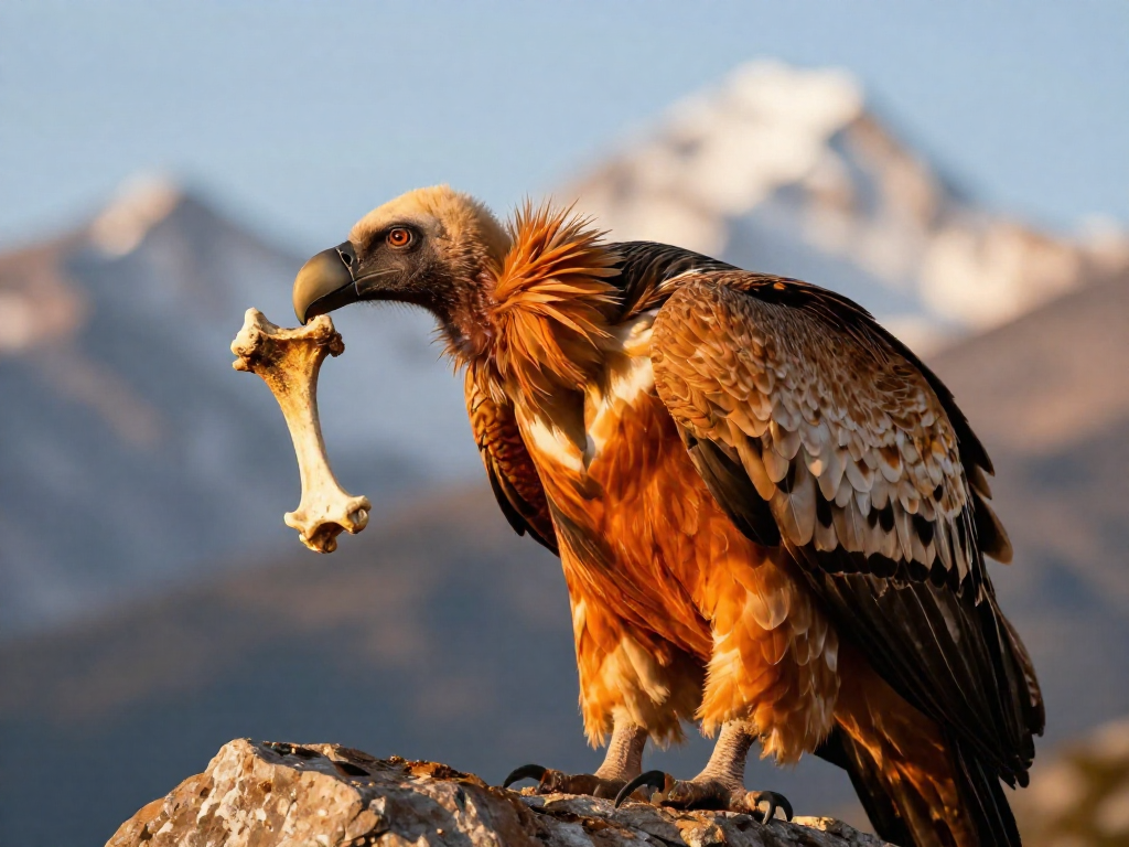 A bearded vulture with rusty-colored feathers holds a bone in its beak on a rocky mountainside.