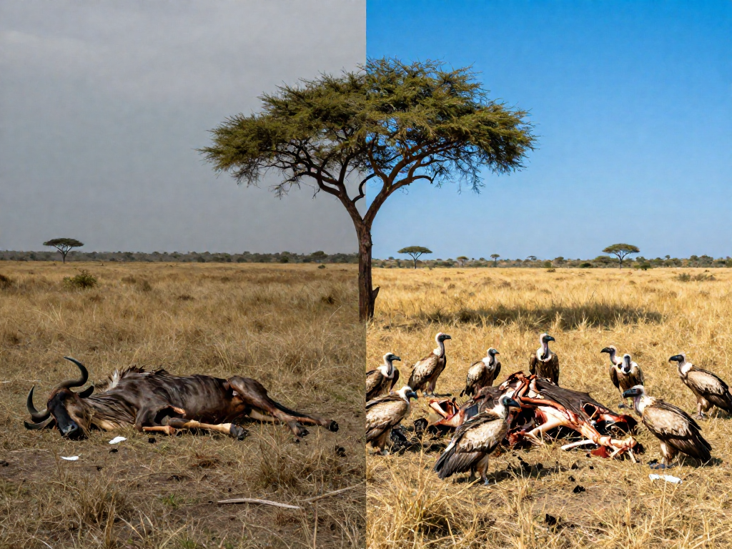 Split image contrasting a rotting carcass on the left with vultures cleaning a carcass on the right, emphasizing their role in nature.