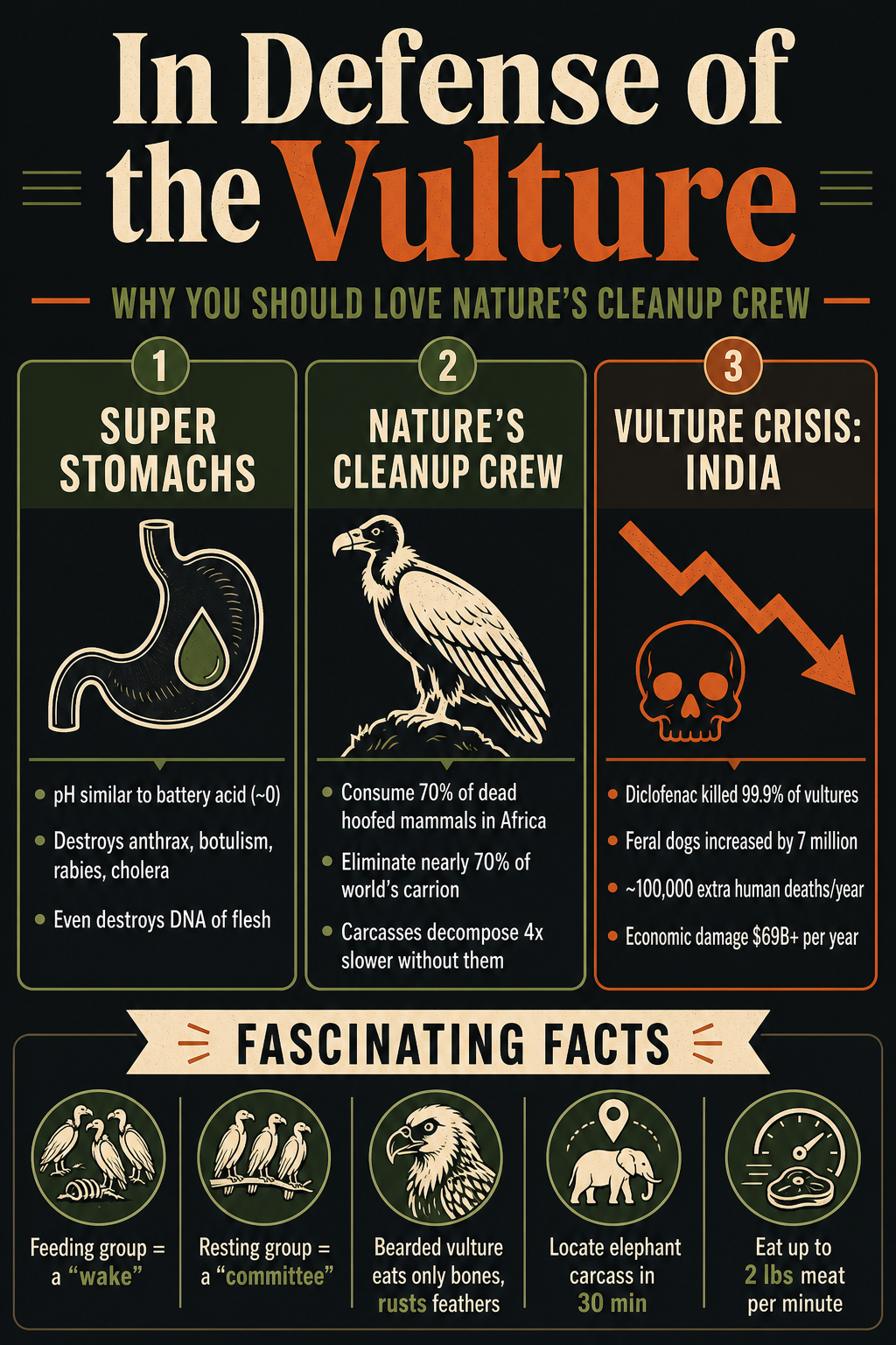Infographic titled 'In Defense of the Vulture' explaining vulture stomach acid pH ~0, consumption of 70% carrion, Indian vulture crisis leading to 100k human deaths/year, and fun facts like group names and bone-eating bearded vultures.