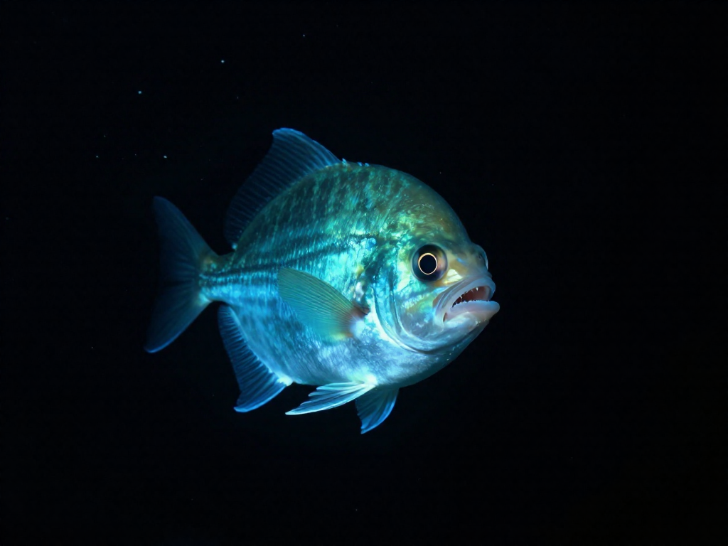 A glowing anglerfish with a bioluminescent lure floating in dark deep-sea water