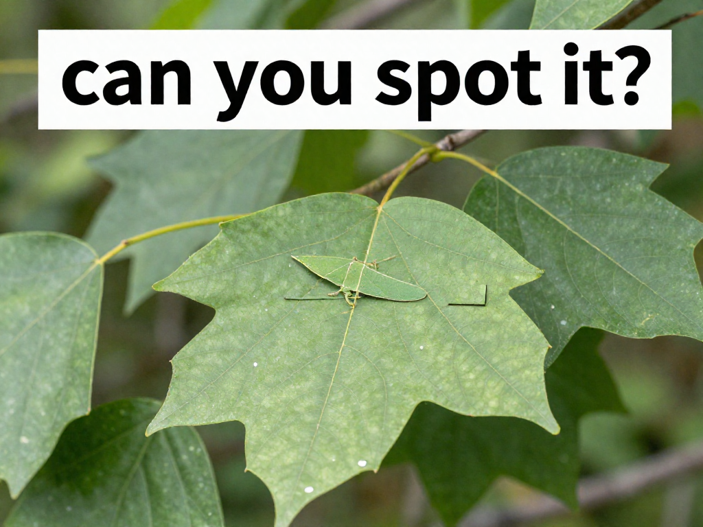 A leaf insect camouflaged among green leaves on a branch, nearly invisible against the foliage