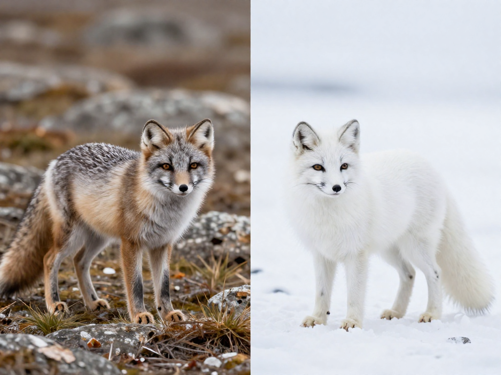 Side-by-side comparison of an arctic fox in brown summer coat and white winter coat