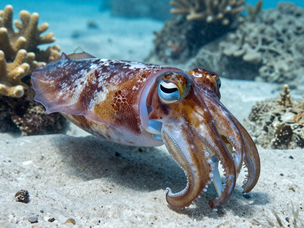A cuttlefish changing its skin color and pattern to match the seafloor