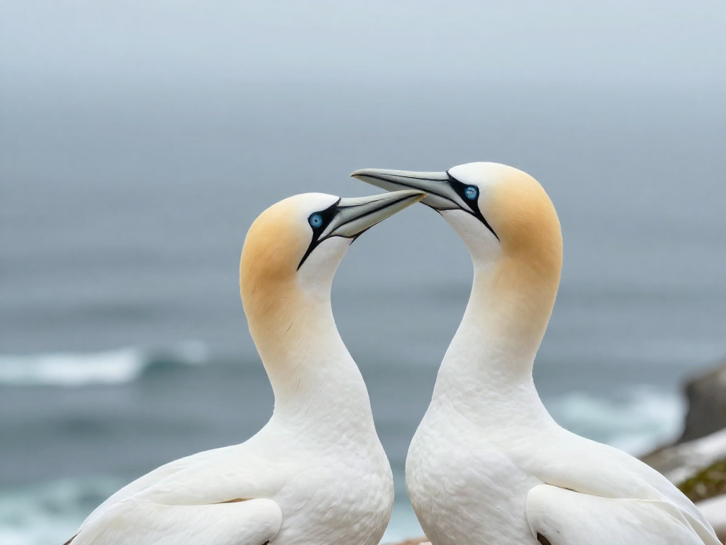 Two albatrosses touching beaks affectionately on a cliff by the sea.