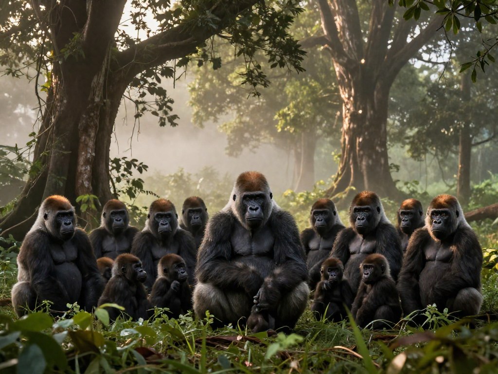 A silverback gorilla sits surrounded by female gorillas and young in a misty forest.