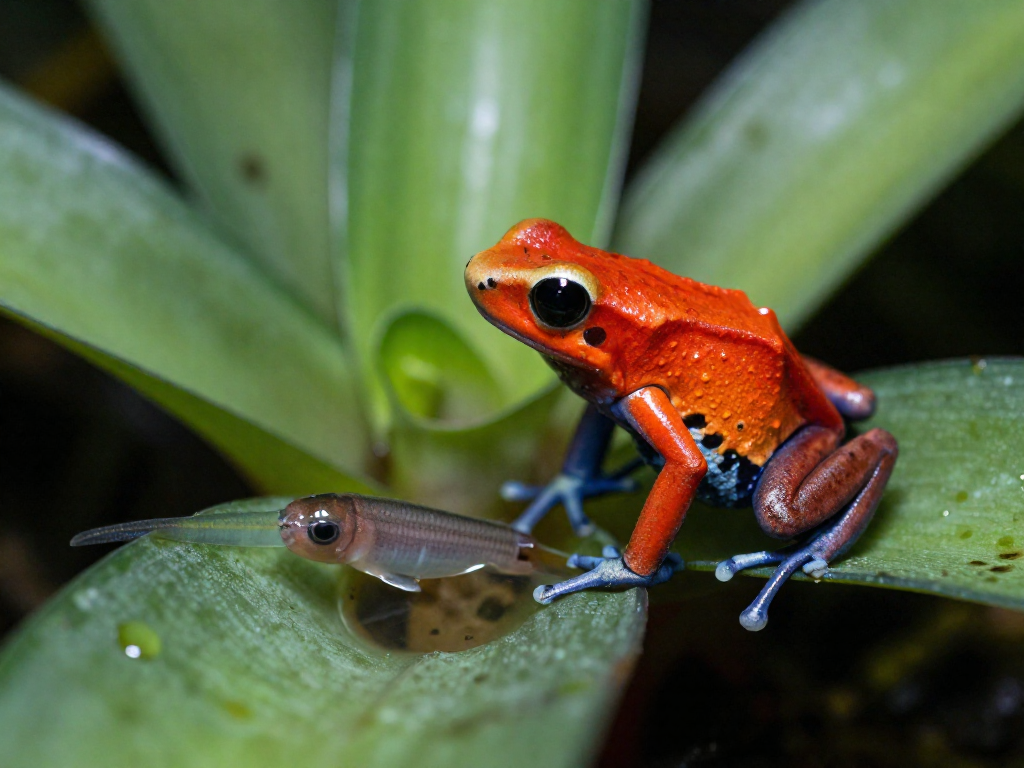 A colorful mimic poison frog perched on a bromeliad leaf next to a water-filled cavity containing a tadpole.