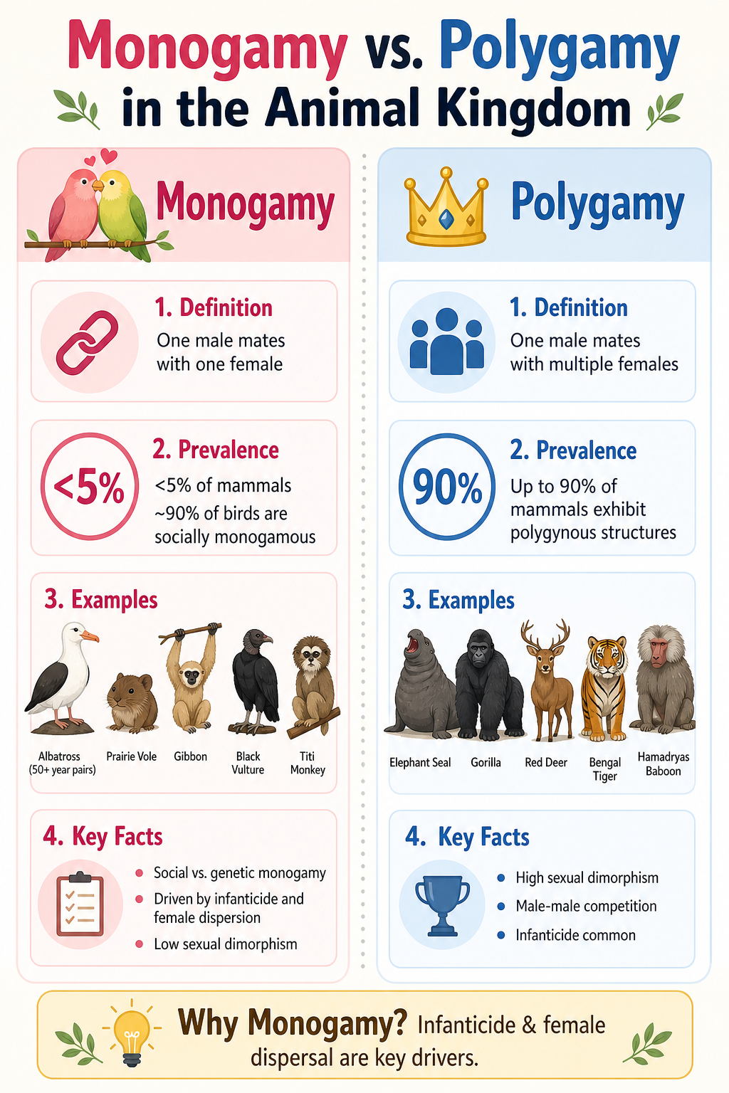 Infographic comparing monogamy and polygamy in the animal kingdom. Left column shows monogamy with examples like albatross and prairie vole, prevalence stats (less than 5% of mammals, about 90% of birds socially monogamous), and facts like low sexual dimorphism. Right column shows polygamy with examples like elephant seal and gorilla, prevalence (up to 90% of mammals polygynous), and facts like high dimorphism and infanticide. A bottom banner highlights infanticide and female dispersal as drivers of monogamy.