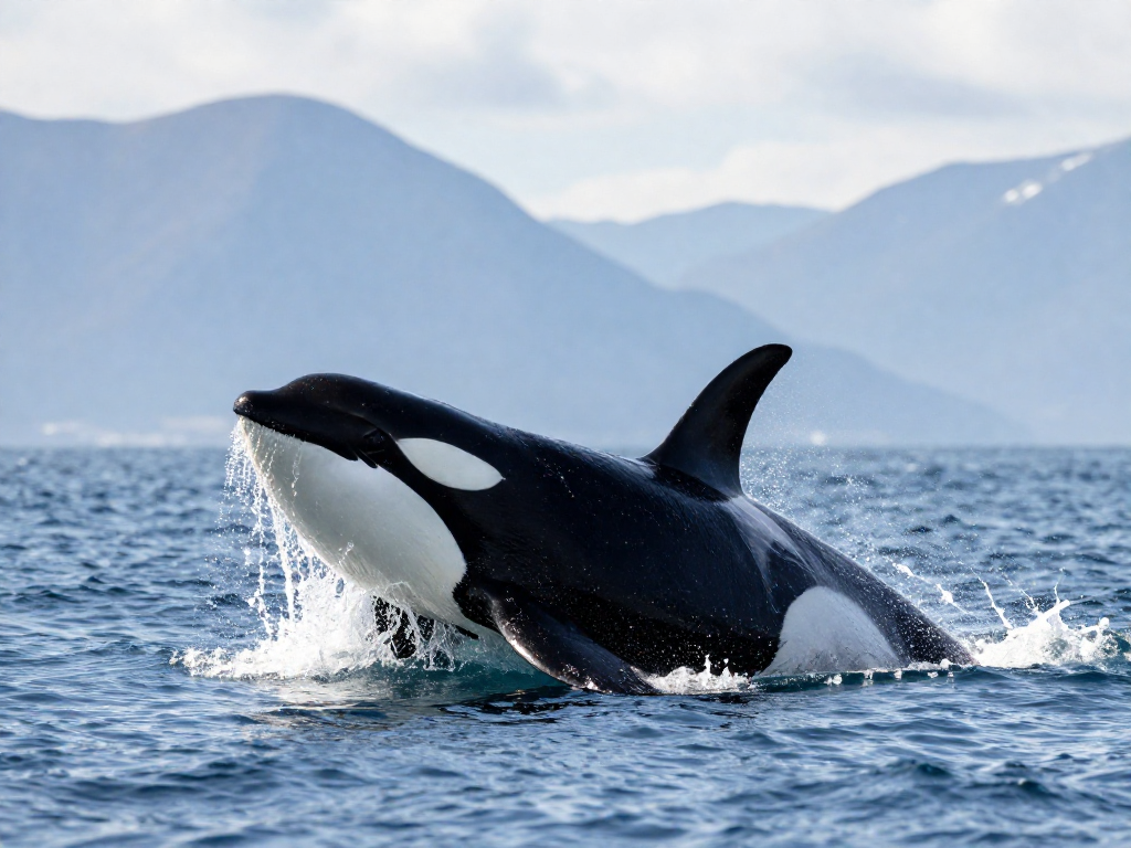 An orca breaching out of blue ocean water with mountains in the background